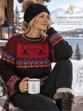 Dale of Norway Red & Black Nordic Pattern Sweater, wool, pullover, crew neck,